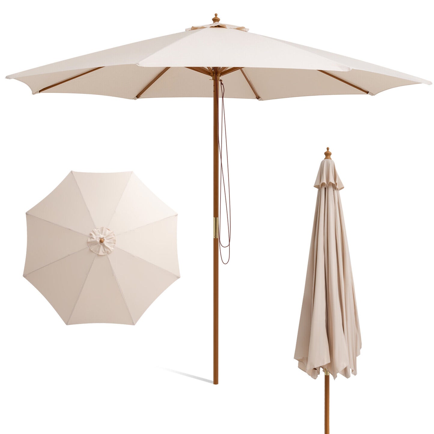 Adjustable 10 Feet Wooden Outdoor Umbrella Sunshade-Beige Kids Crystal
