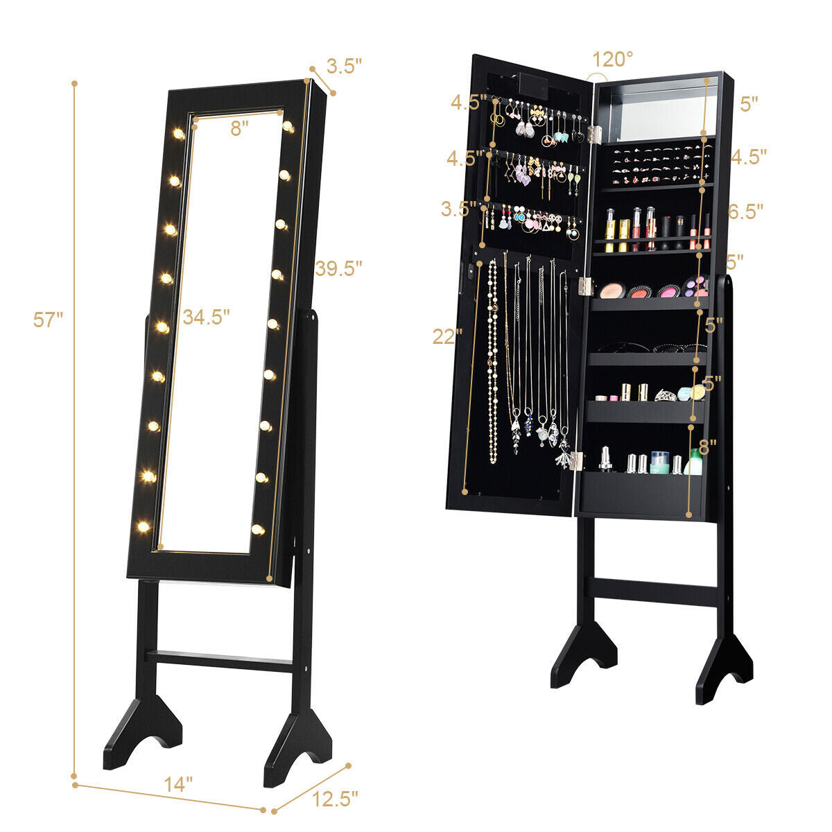 Mirrored Jewelry Cabinet Armoire Organizer w/ LED lights-Black Kids Crystal