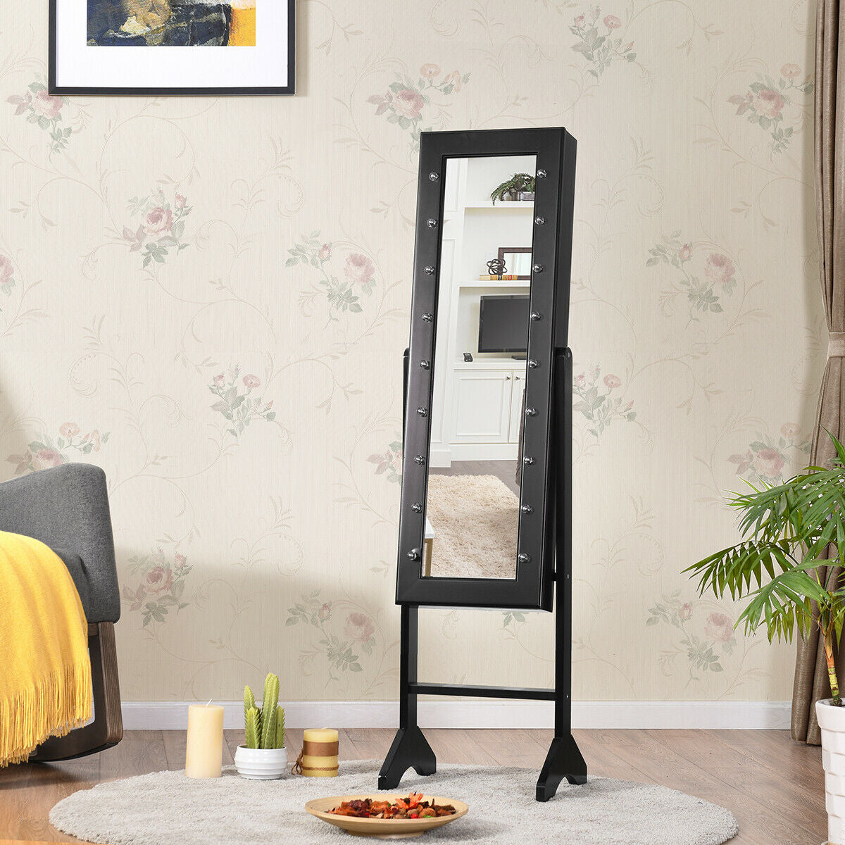 Mirrored Jewelry Cabinet Armoire Organizer w/ LED lights-Black Kids Crystal