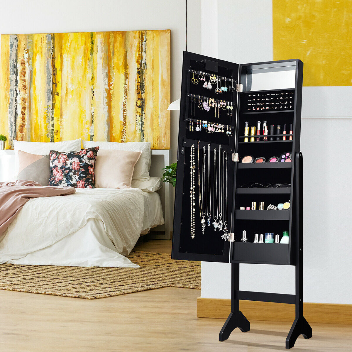 Mirrored Jewelry Cabinet Armoire Organizer w/ LED lights-Black Kids Crystal