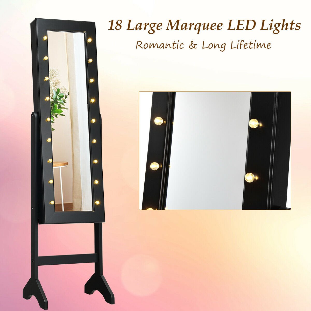 Mirrored Jewelry Cabinet Armoire Organizer w/ LED lights-Black Kids Crystal