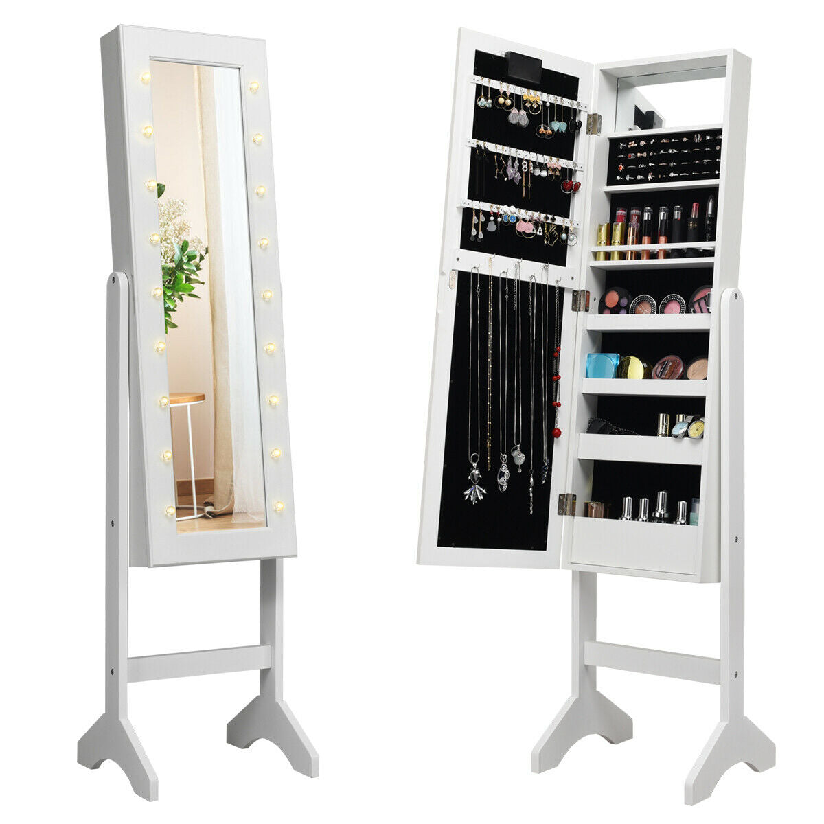 Mirrored Jewelry Cabinet Armoire Organizer w/ LED lights-White Kids Crystal