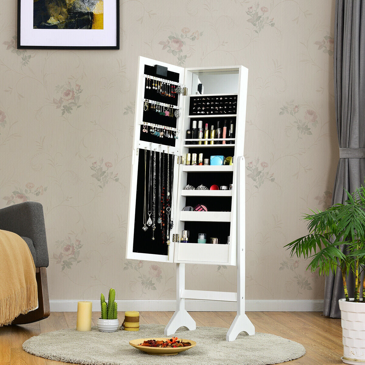 Mirrored Jewelry Cabinet Armoire Organizer w/ LED lights-White Kids Crystal