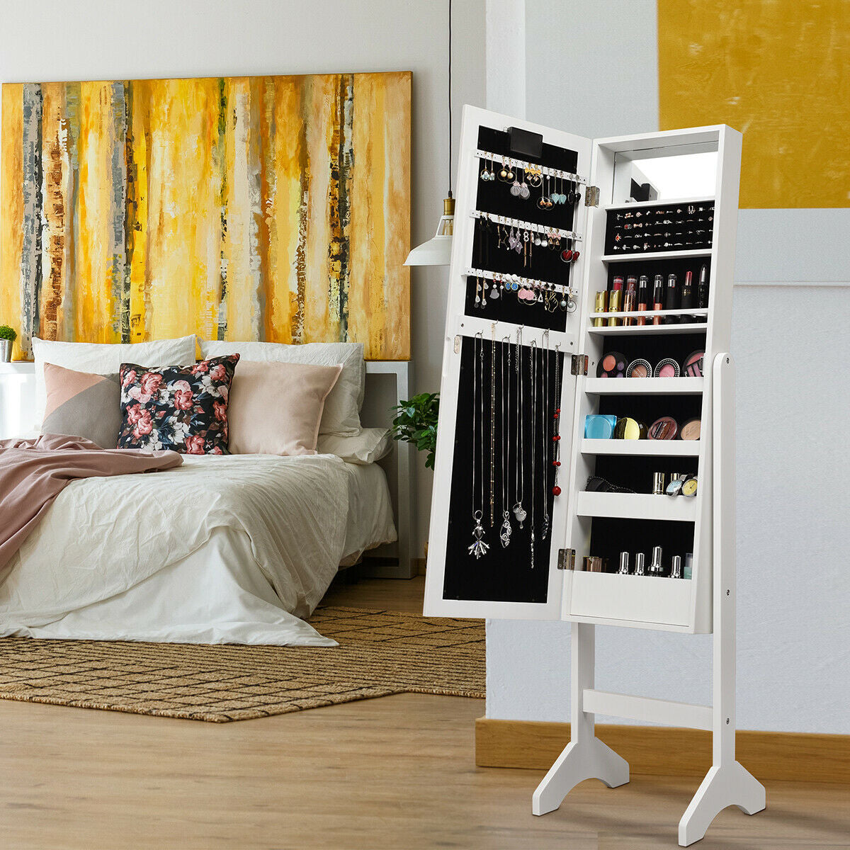 Mirrored Jewelry Cabinet Armoire Organizer w/ LED lights-White Kids Crystal