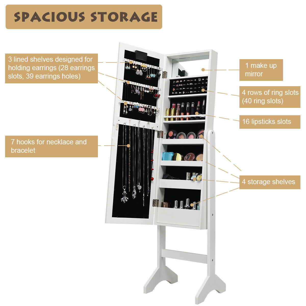 Mirrored Jewelry Cabinet Armoire Organizer w/ LED lights-White Kids Crystal