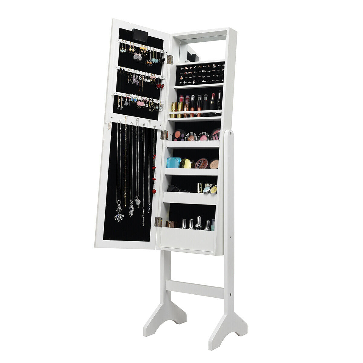 Mirrored Jewelry Cabinet Armoire Organizer w/ LED lights-White Kids Crystal