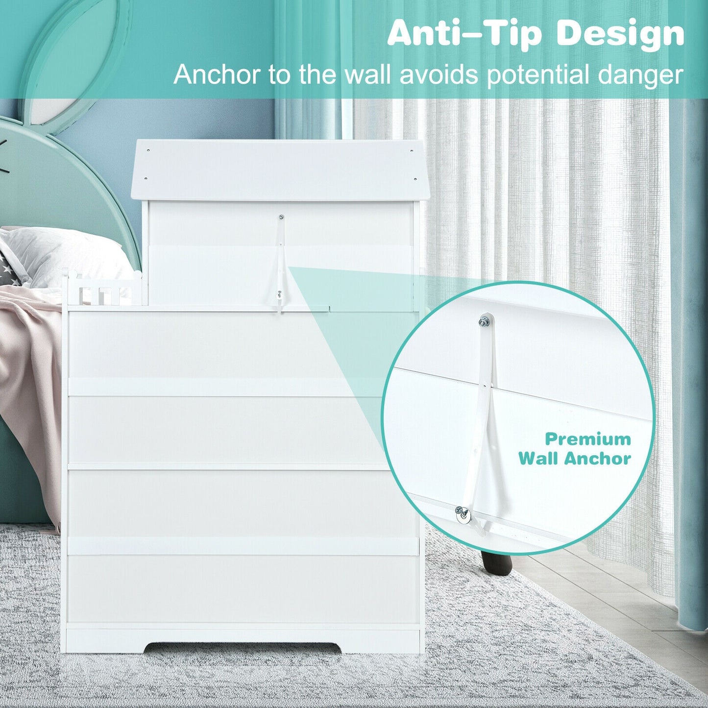 Kids Wooden Dollhouse Bookshelf with Anti-Tip Design and Storage Space-White Kids Crystal