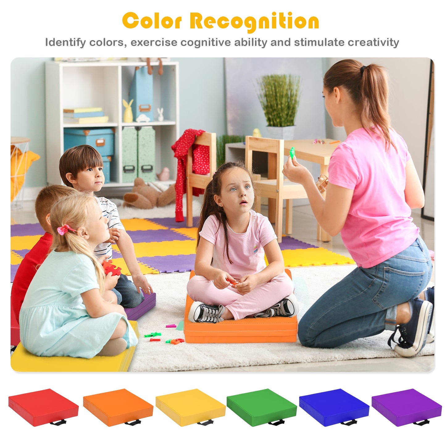 6 Piece 15 Inche Square Toddler Floor Cushions Flexible Soft Foam Seating with Handles-Color Kids Crystal