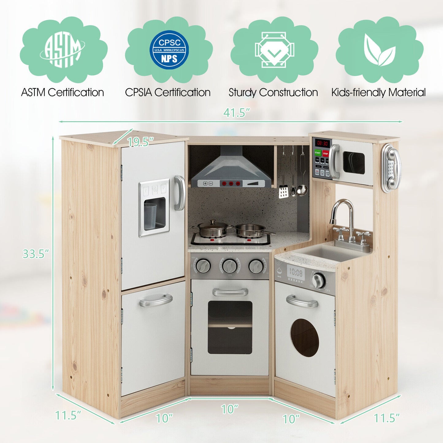 Kids Corner Wooden Kitchen Playset with Cookware Accessories Kids Crystal