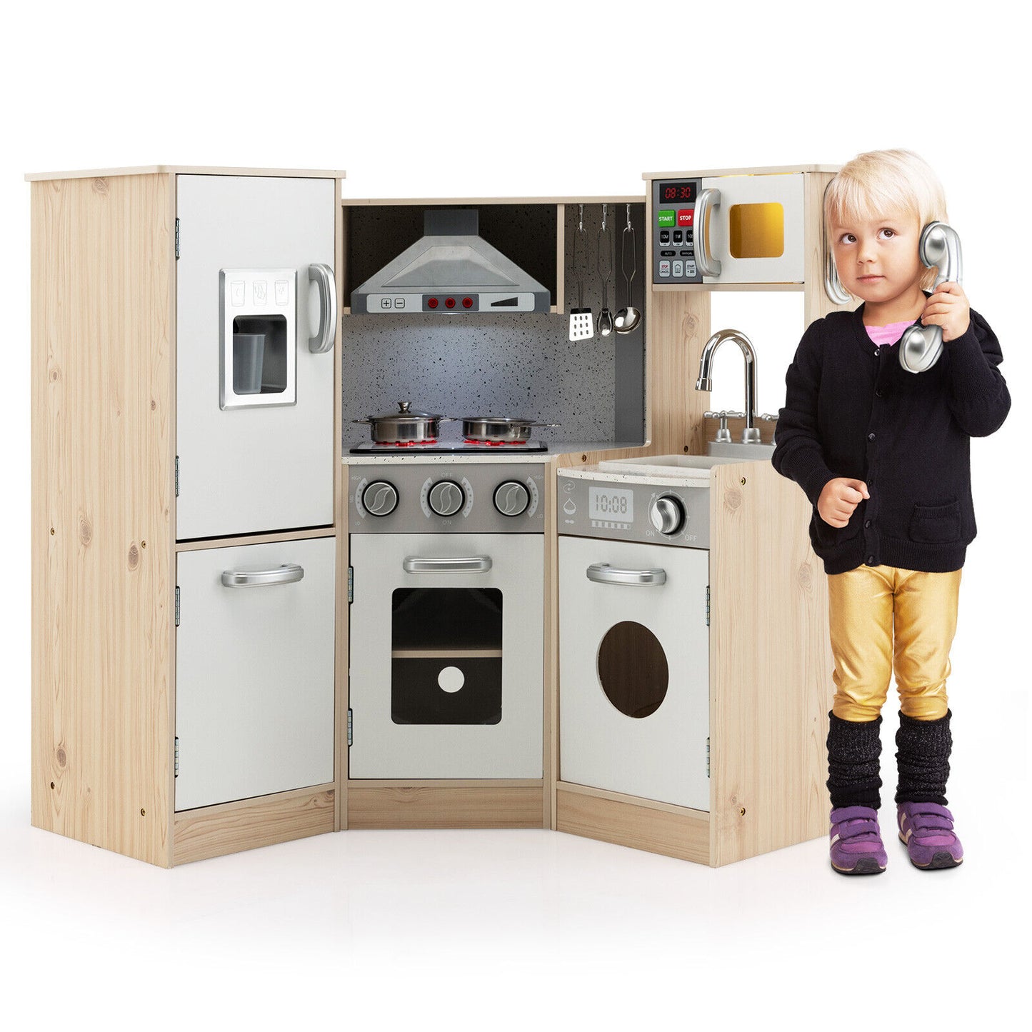 Kids Corner Wooden Kitchen Playset with Cookware Accessories Kids Crystal