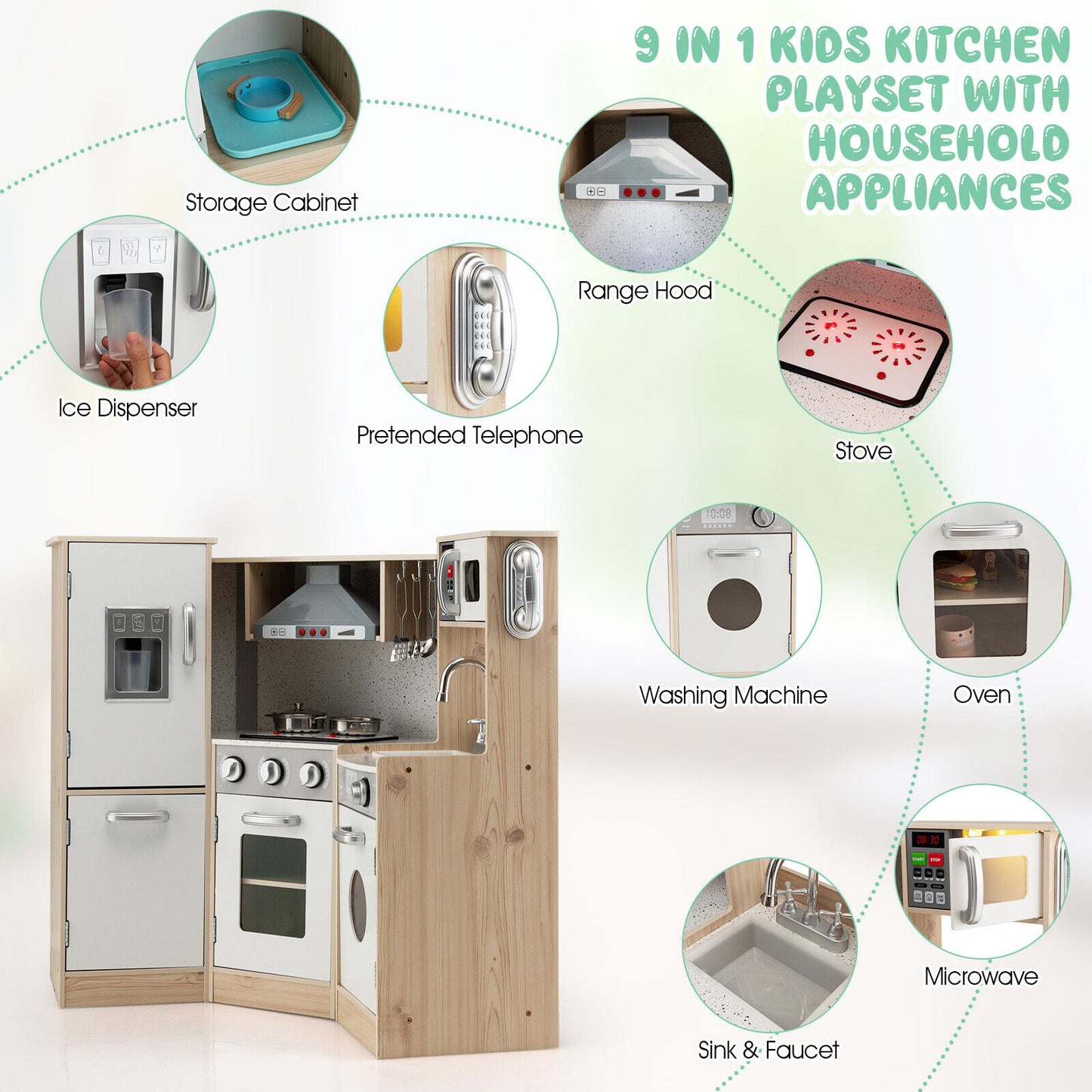 Kids Corner Wooden Kitchen Playset with Cookware Accessories Kids Crystal