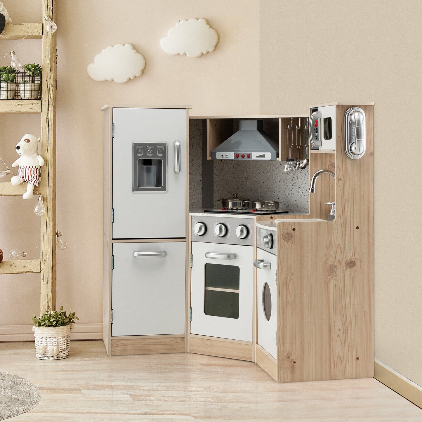 Kids Corner Wooden Kitchen Playset with Cookware Accessories Kids Crystal
