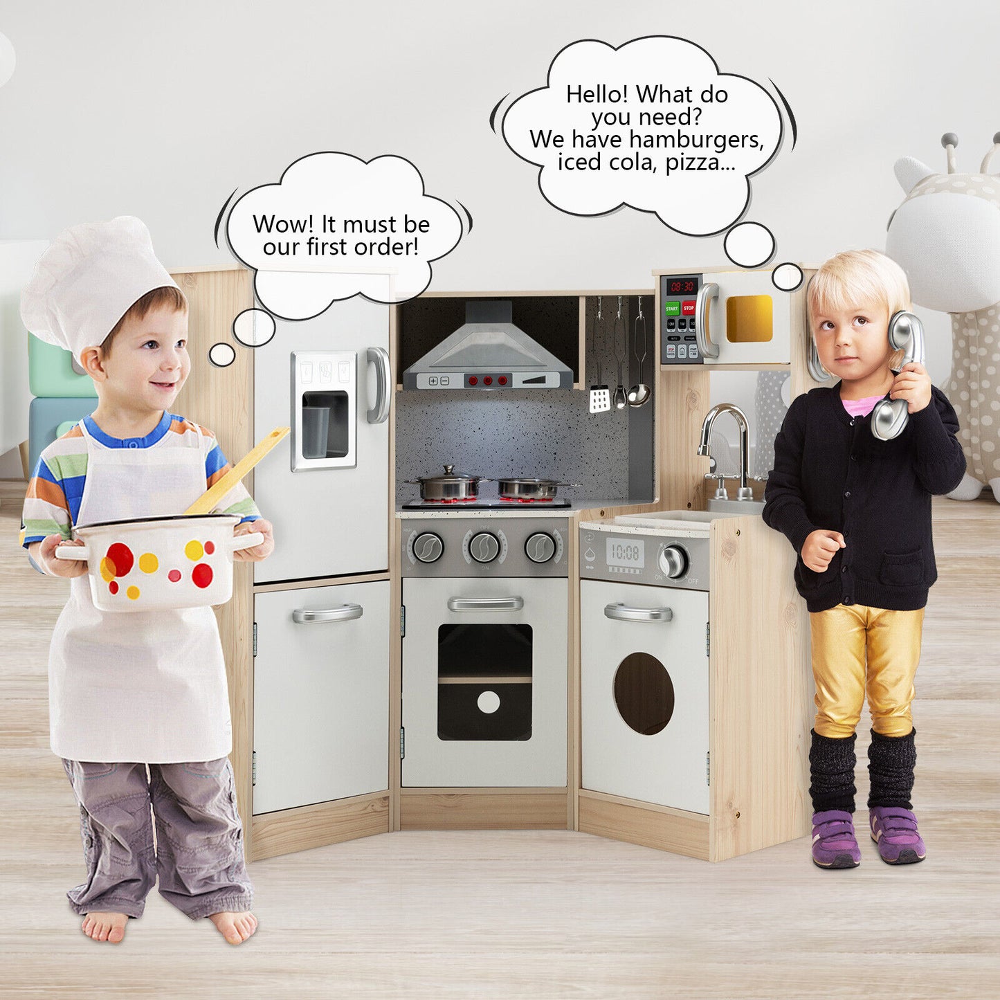 Kids Corner Wooden Kitchen Playset with Cookware Accessories Kids Crystal