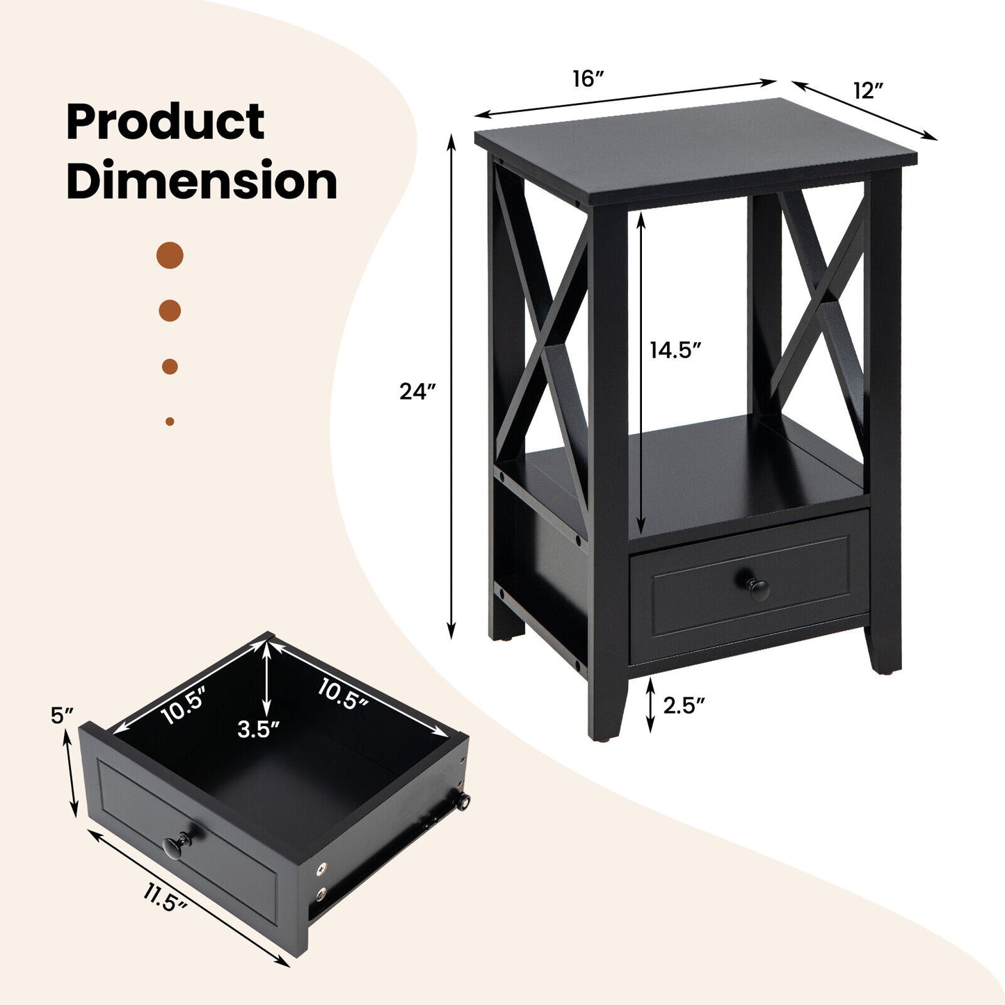 2-Tier 16 x 14 Inch Multifunctional Nightstand with Storage Drawer-Black Kids Crystal