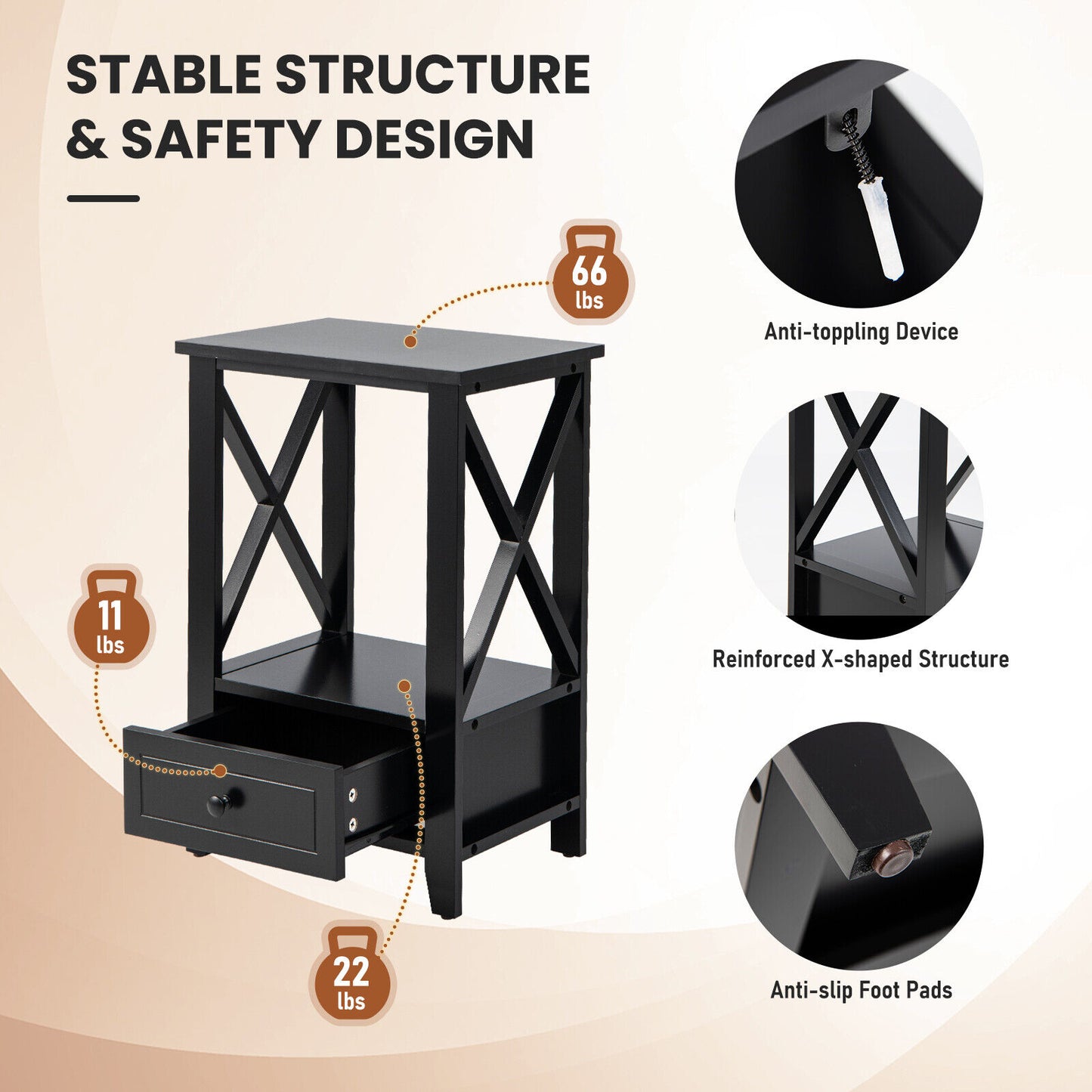 2-Tier 16 x 14 Inch Multifunctional Nightstand with Storage Drawer-Black Kids Crystal