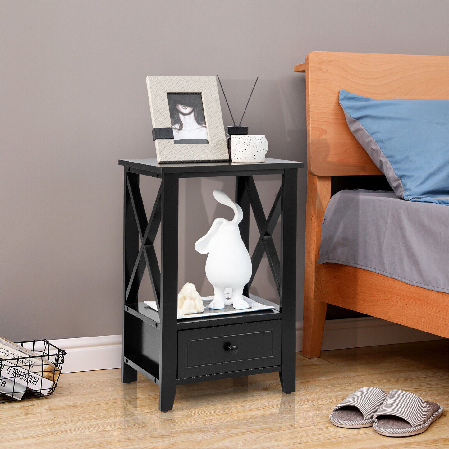 2-Tier 16 x 14 Inch Multifunctional Nightstand with Storage Drawer-Black Kids Crystal