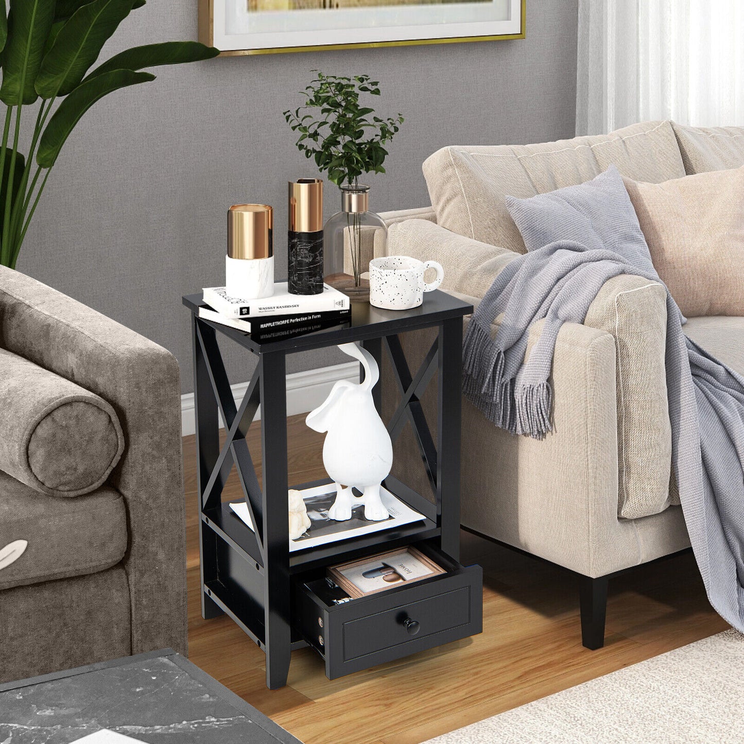 2-Tier 16 x 14 Inch Multifunctional Nightstand with Storage Drawer-Black Kids Crystal