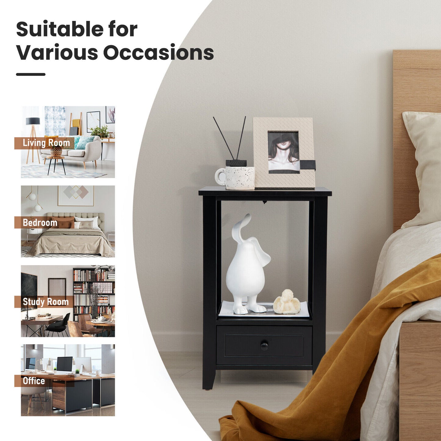 2-Tier 16 x 14 Inch Multifunctional Nightstand with Storage Drawer-Black Kids Crystal