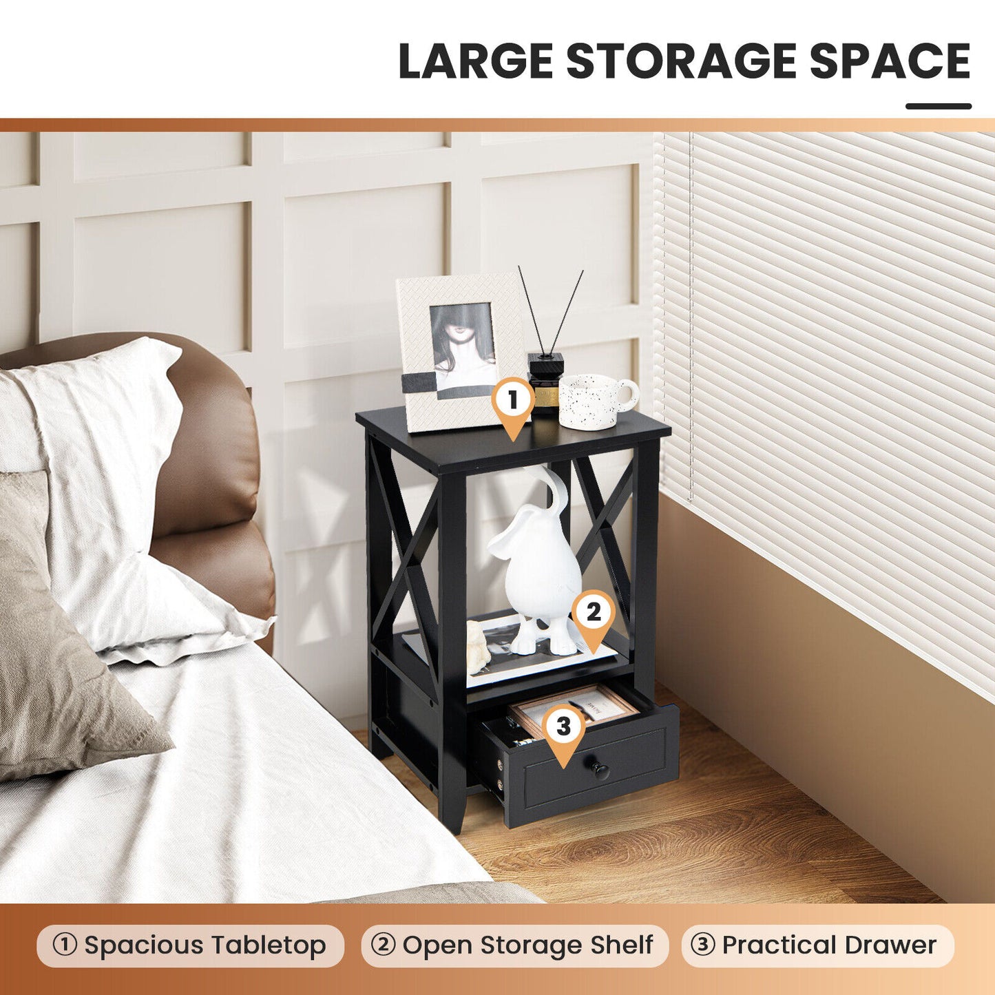 2-Tier 16 x 14 Inch Multifunctional Nightstand with Storage Drawer-Black Kids Crystal