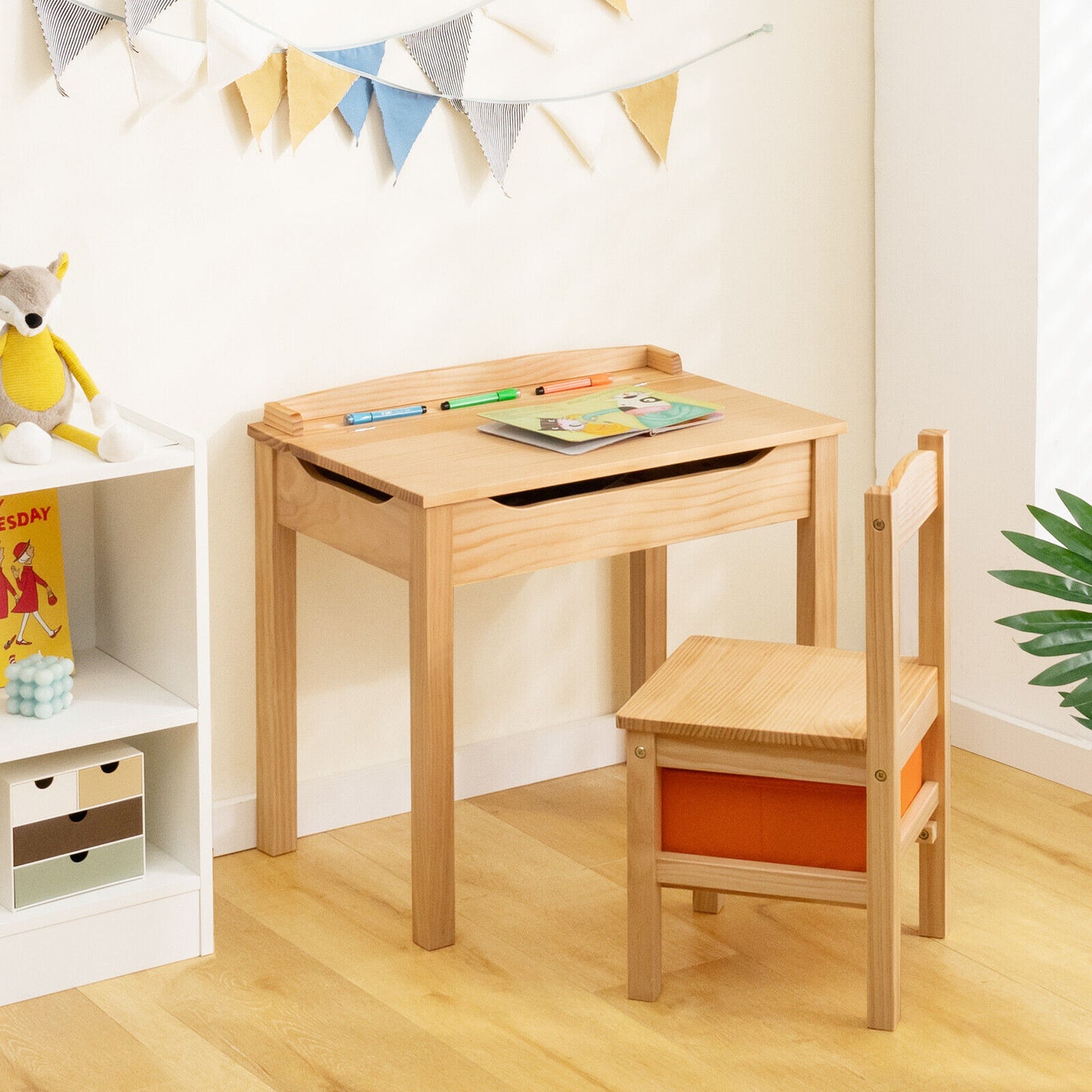 Wood Activity Kids Table and Chair Set with Storage Space-Natural Kids Crystal
