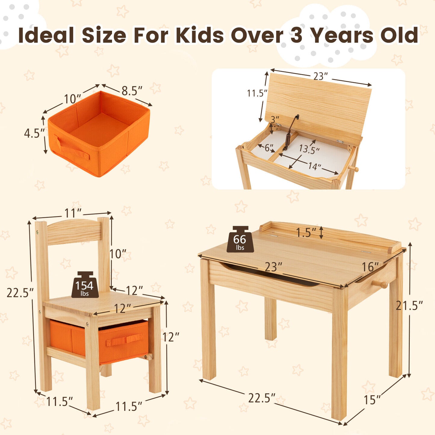 Wood Activity Kids Table and Chair Set with Storage Space-Natural Kids Crystal