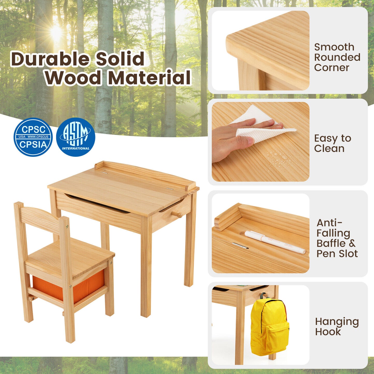 Wood Activity Kids Table and Chair Set with Storage Space-Natural Kids Crystal
