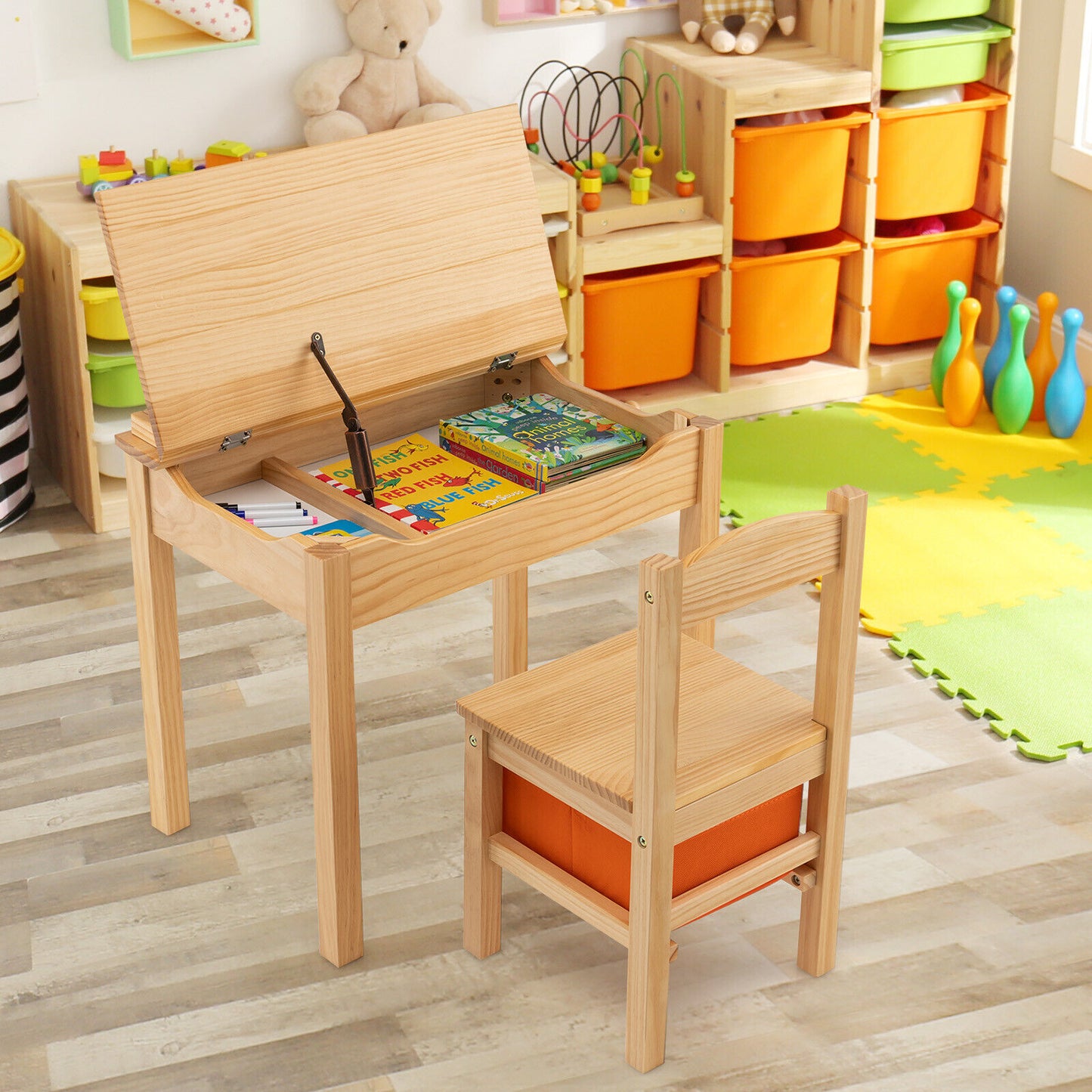 Wood Activity Kids Table and Chair Set with Storage Space-Natural Kids Crystal