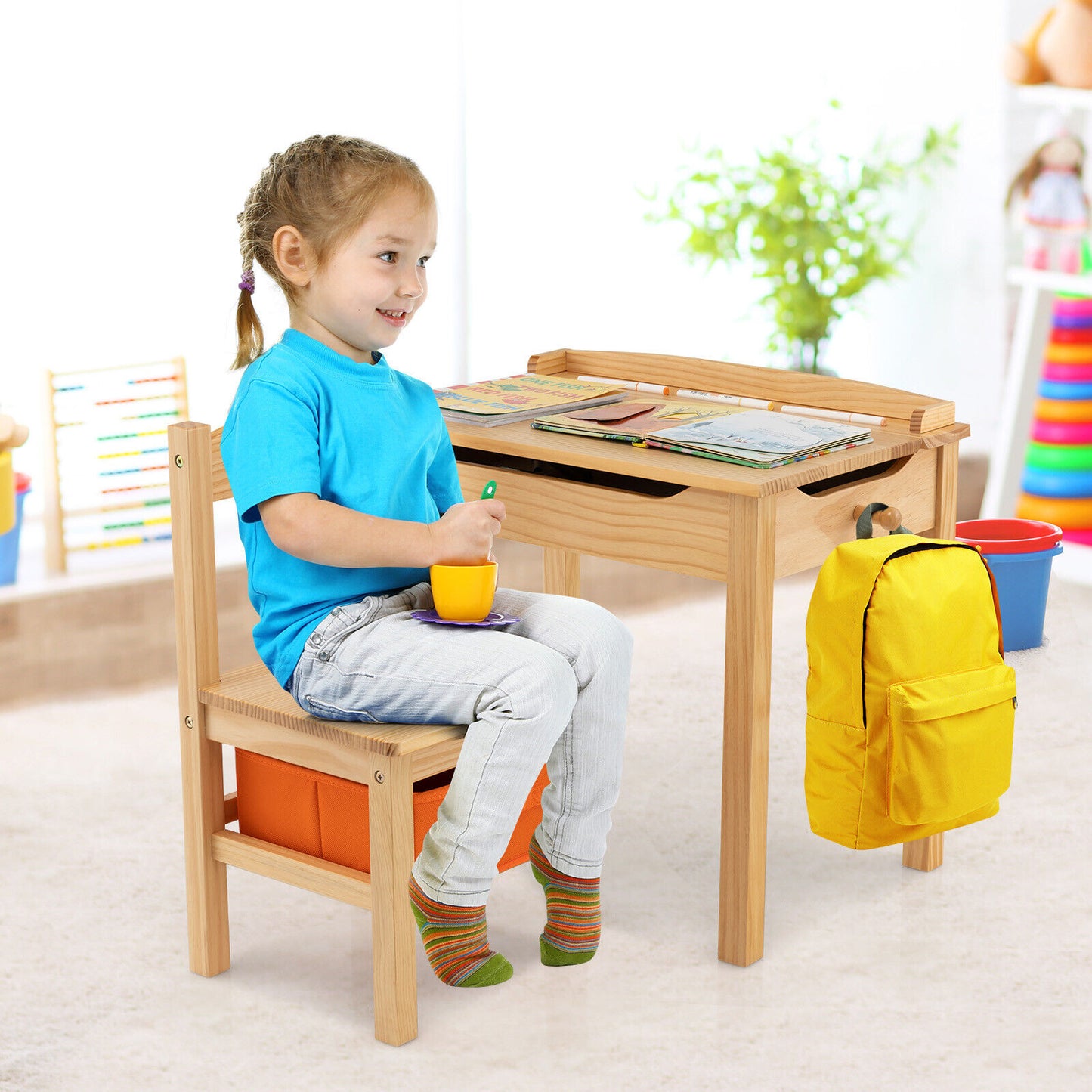 Wood Activity Kids Table and Chair Set with Storage Space-Natural Kids Crystal