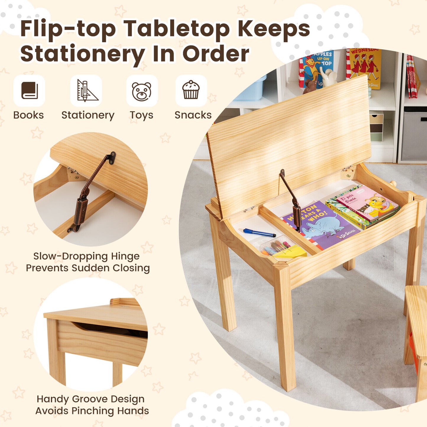 Wood Activity Kids Table and Chair Set with Storage Space-Natural Kids Crystal