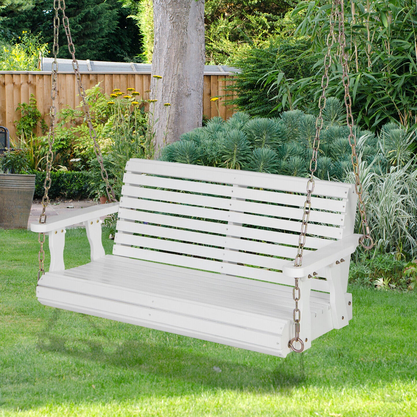2-Person Wooden Porch Swing with Hanging Chains for Garden Yard-White Kids Crystal