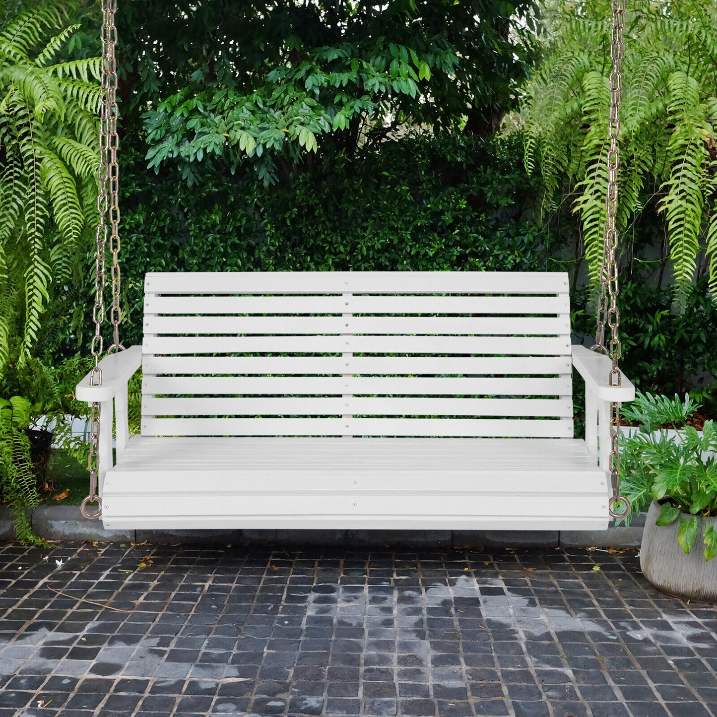2-Person Wooden Porch Swing with Hanging Chains for Garden Yard-White Kids Crystal