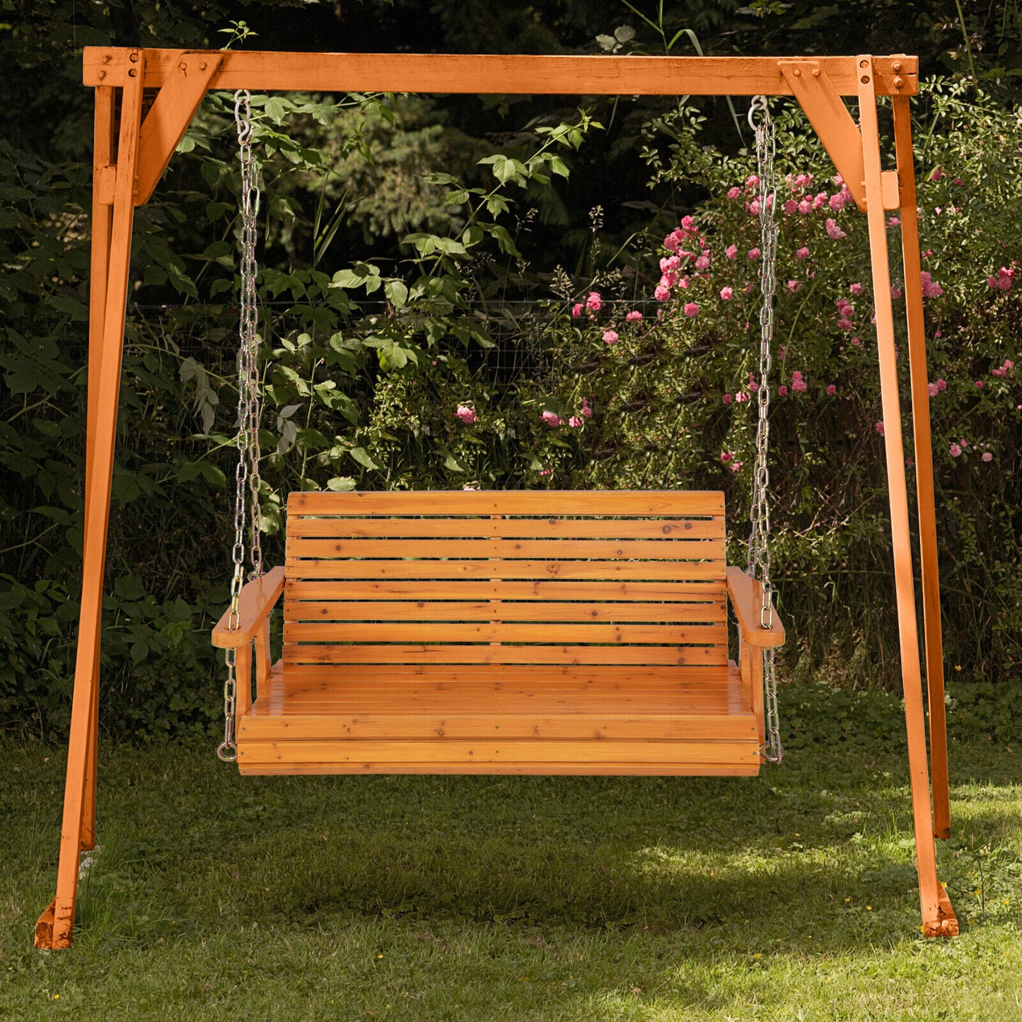 2-Person Wooden Porch Swing with Hanging Chains for Garden Yard-Orange Kids Crystal