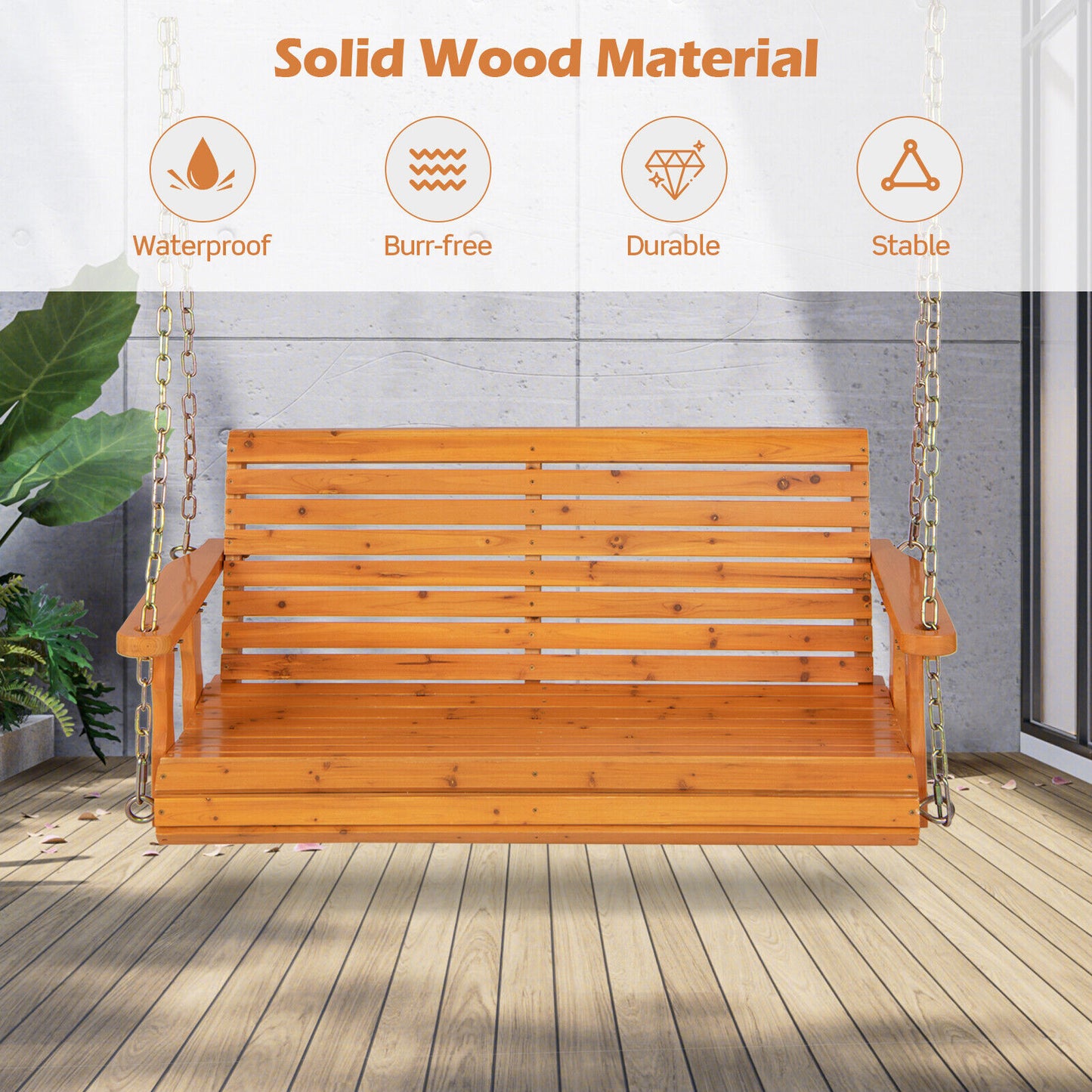 2-Person Wooden Porch Swing with Hanging Chains for Garden Yard-Orange Kids Crystal