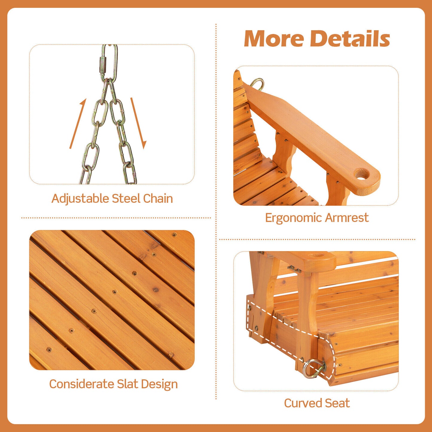 2-Person Wooden Porch Swing with Hanging Chains for Garden Yard-Orange Kids Crystal