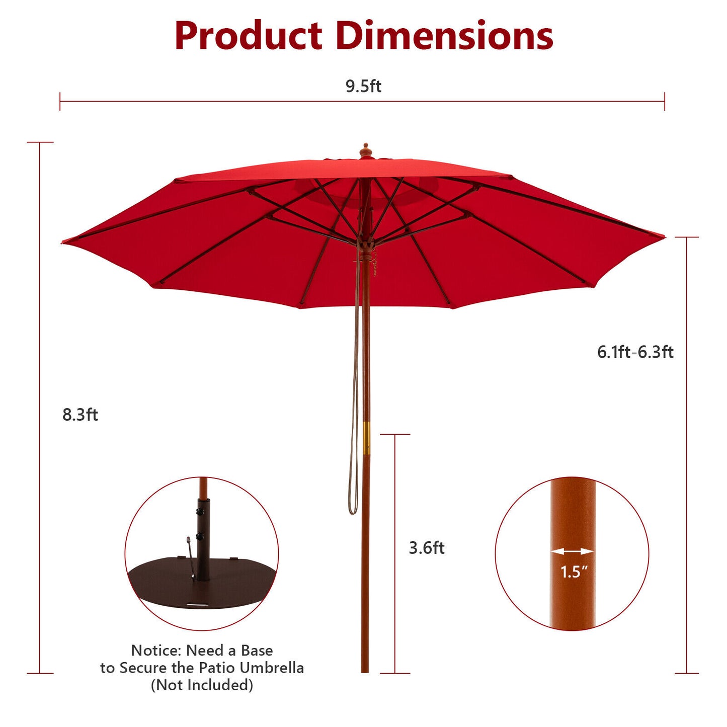 9.5 Feet Pulley Lift Round Patio Umbrella with Fiberglass Ribs-Red Kids Crystal