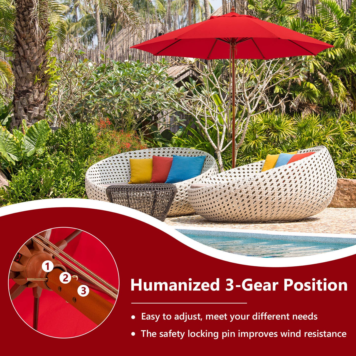 9.5 Feet Pulley Lift Round Patio Umbrella with Fiberglass Ribs-Red Kids Crystal