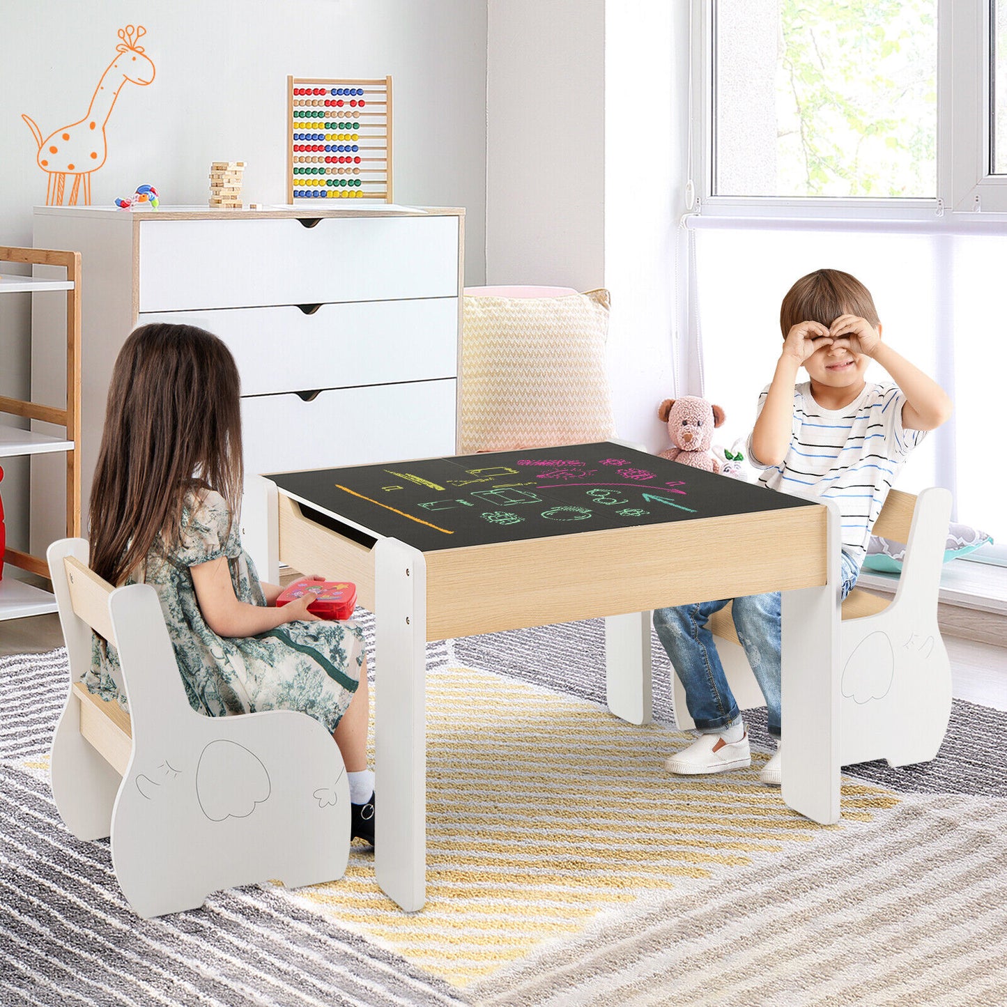 4-in-1 Wooden Activity Kids Table and Chairs with Storage and Detachable Blackboard-White Kids Crystal