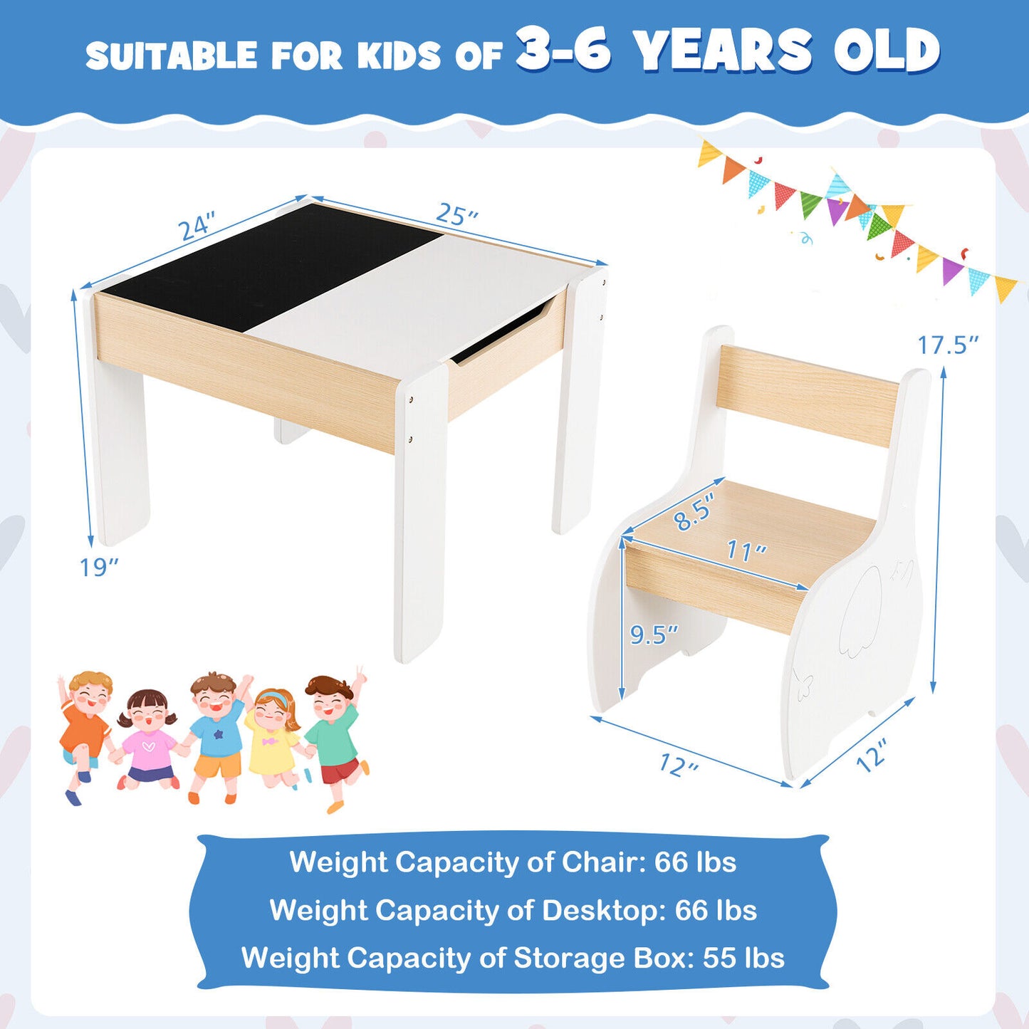 4-in-1 Wooden Activity Kids Table and Chairs with Storage and Detachable Blackboard-White Kids Crystal