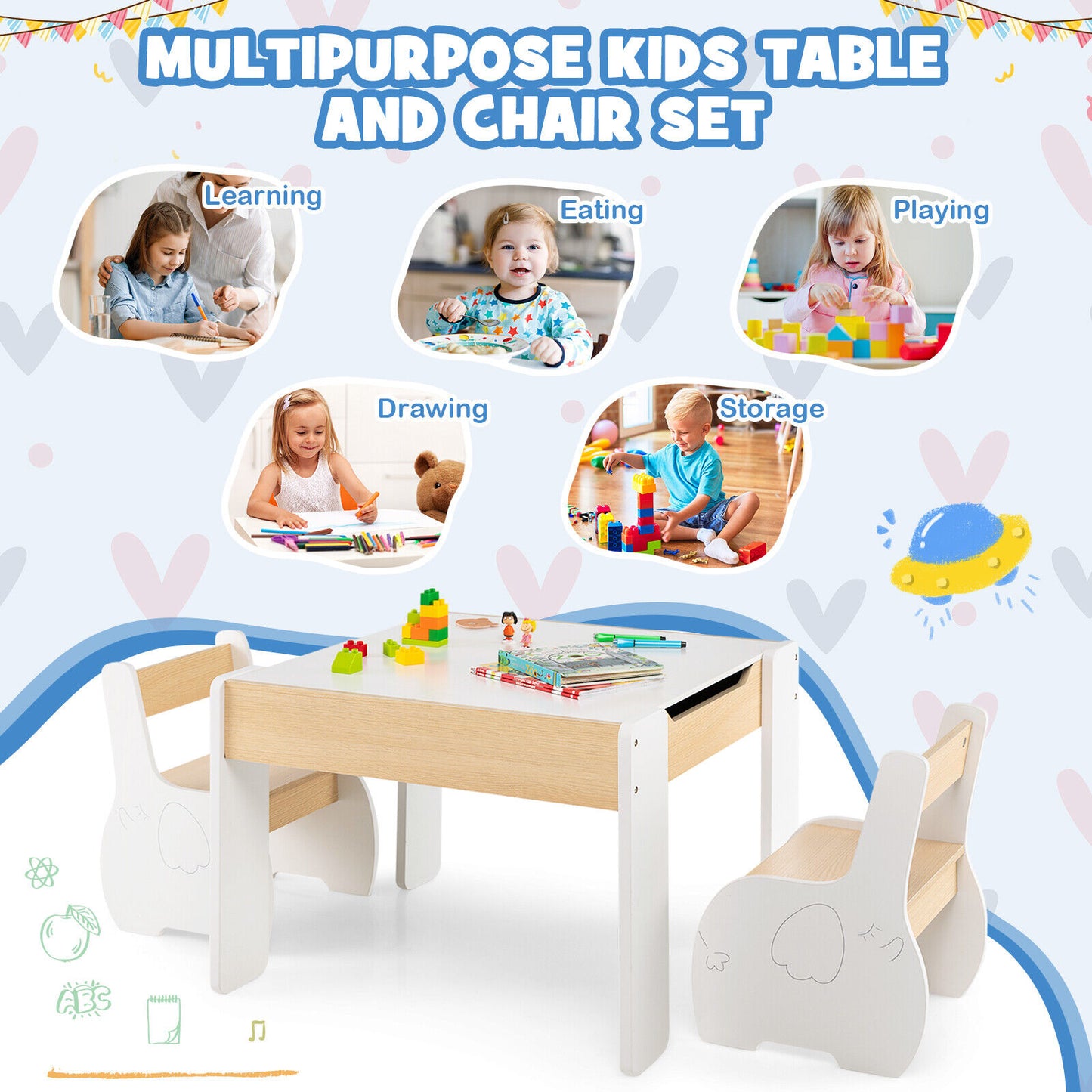 4-in-1 Wooden Activity Kids Table and Chairs with Storage and Detachable Blackboard-White Kids Crystal
