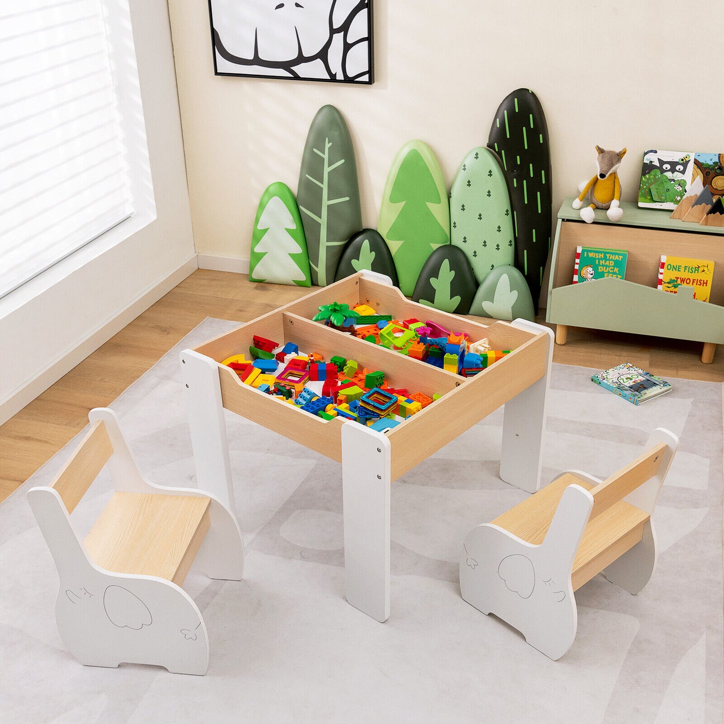 4-in-1 Wooden Activity Kids Table and Chairs with Storage and Detachable Blackboard-White Kids Crystal