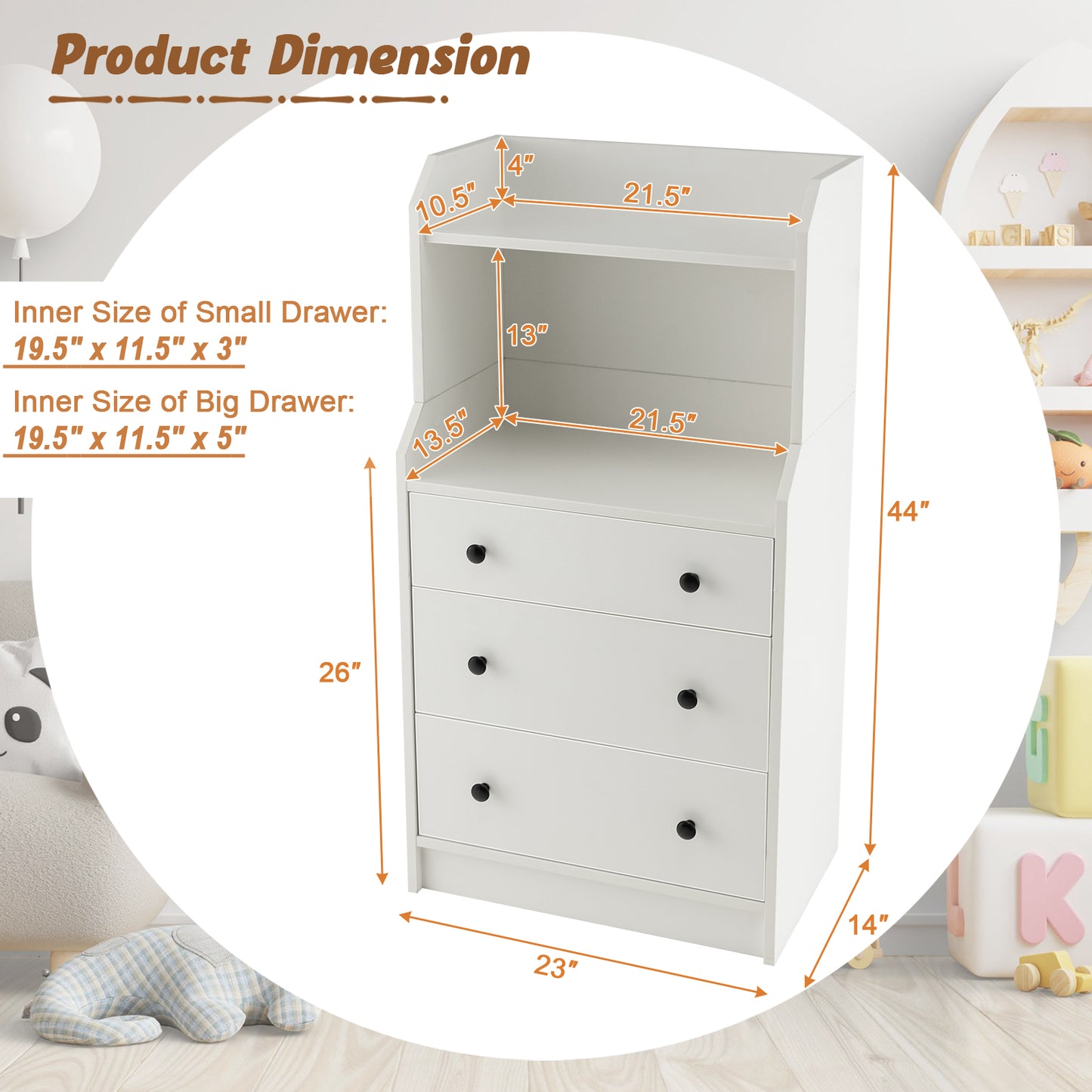 Modern Storage Dresser with Anti-toppling Device-White Kids Crystal