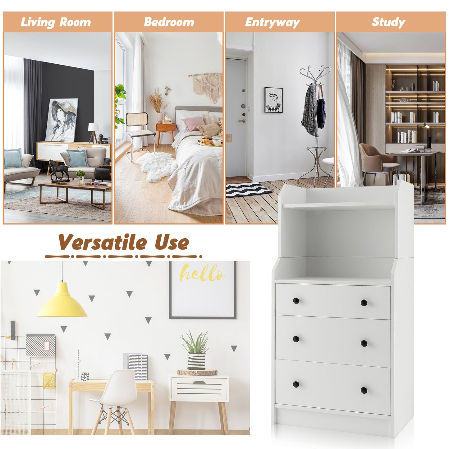 Modern Storage Dresser with Anti-toppling Device-White Kids Crystal