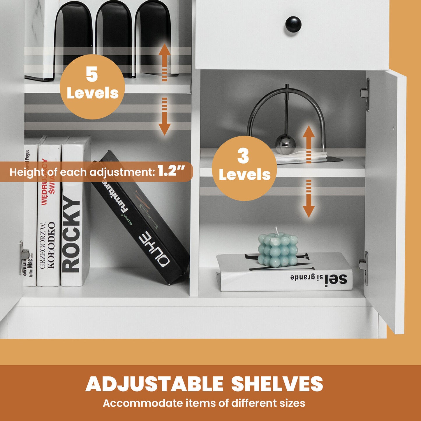 2-Door Free-standing Kitchen Sideboard with Adjustable Shelves-White Kids Crystal