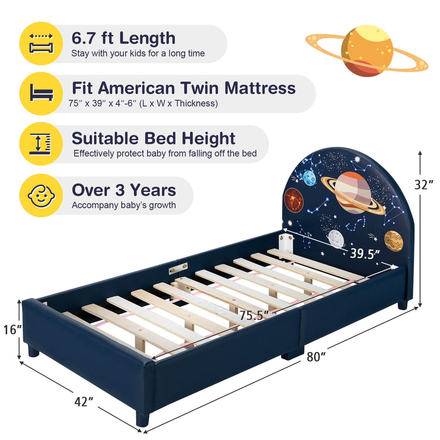 Twin Size Upholstered Platform Children Single Bed Kids Crystal