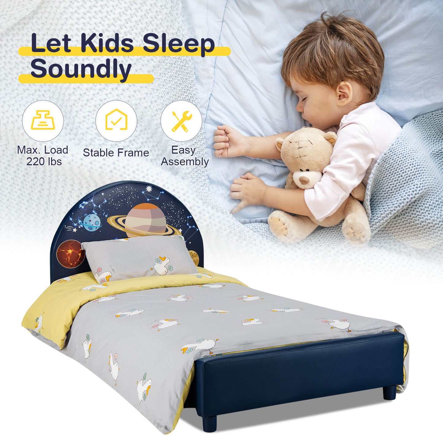Twin Size Upholstered Platform Children Single Bed Kids Crystal