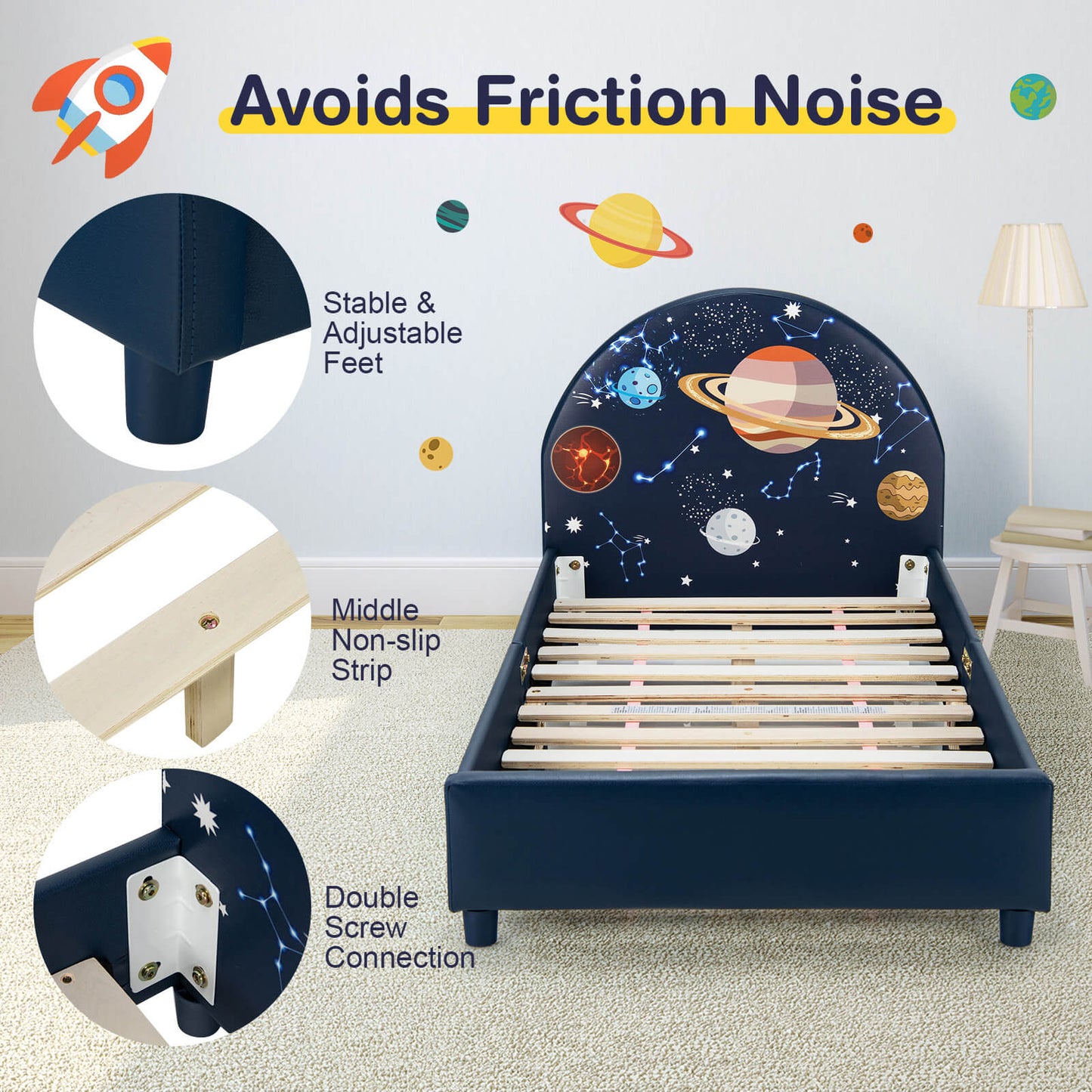 Twin Size Upholstered Platform Children Single Bed Kids Crystal