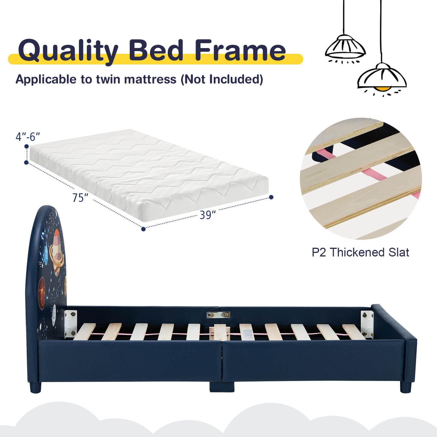 Twin Size Upholstered Platform Children Single Bed Kids Crystal