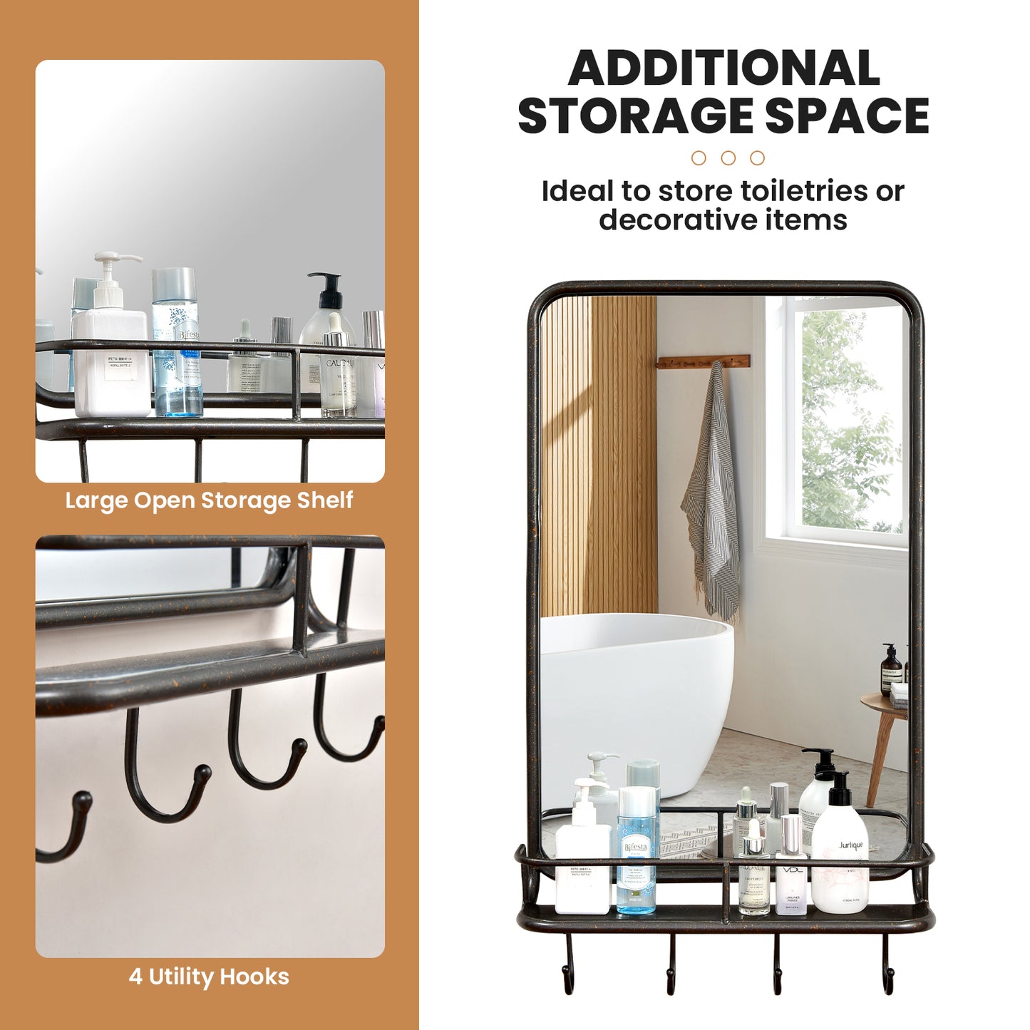 Wall Bathroom Mirror with Shelf Hooks Sturdy Metal Frame for Bedroom Living Room Kids Crystal