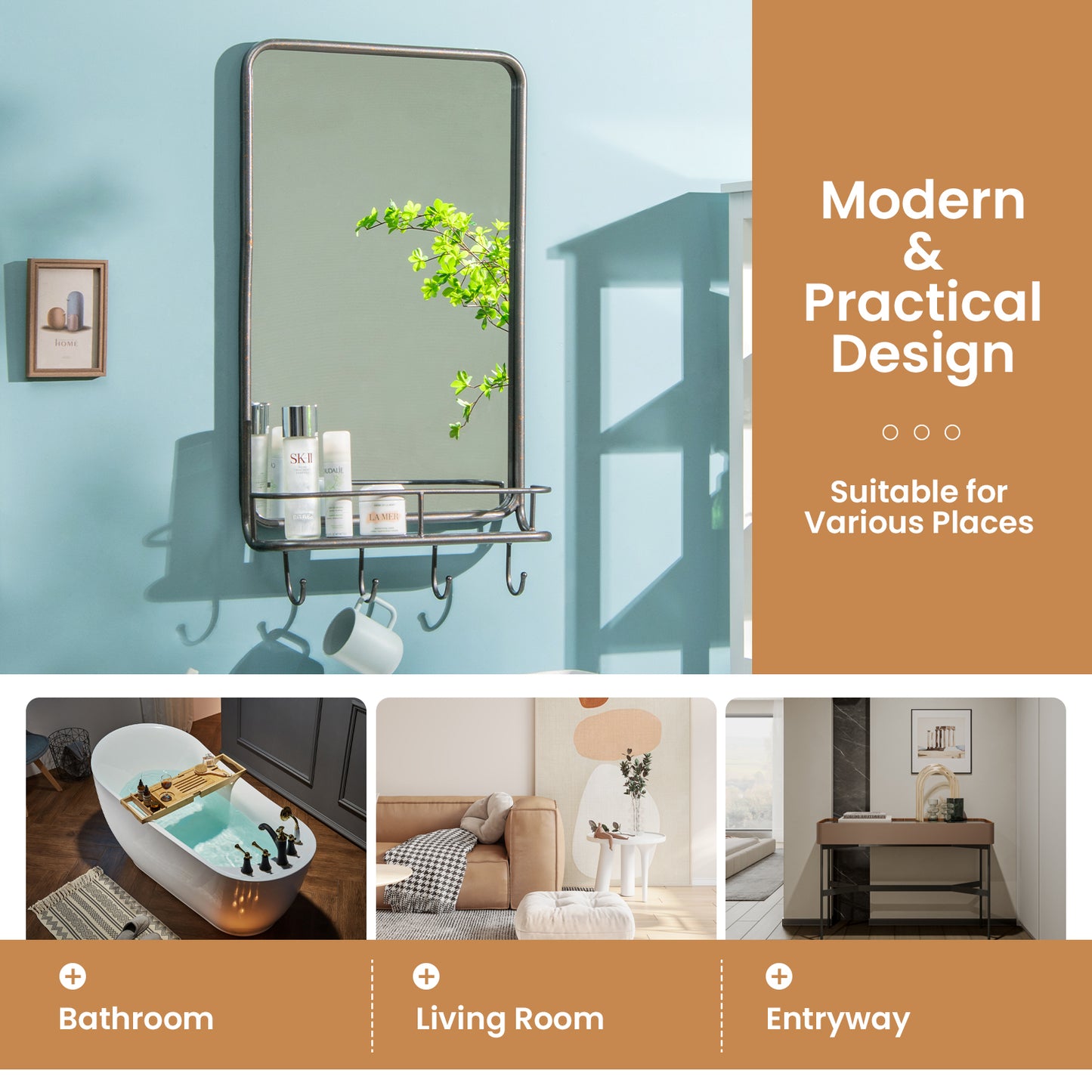 Wall Bathroom Mirror with Shelf Hooks Sturdy Metal Frame for Bedroom Living Room Kids Crystal