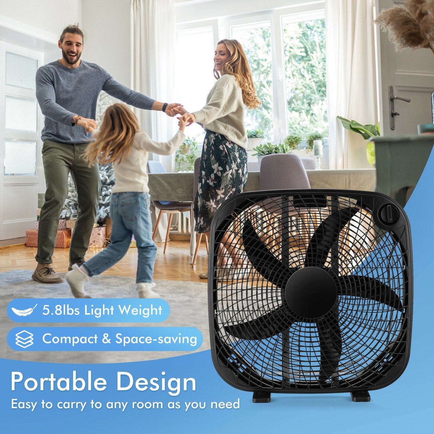 20 Inch Box Portable Floor Fan with 3 Speed Settings and Knob Control-Black Kids Crystal